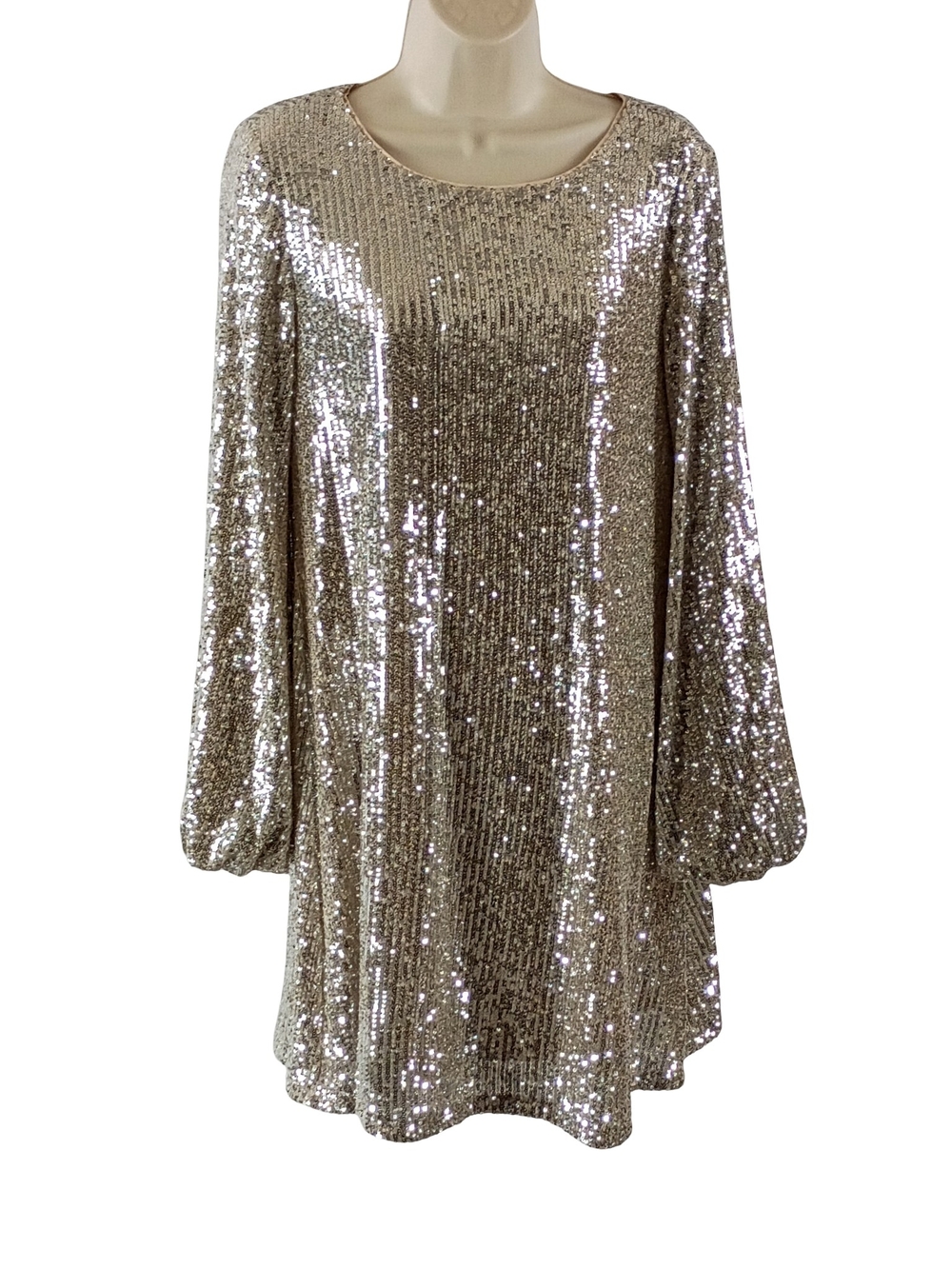 Vylette Silver Sequined Long Sleeve Shift Dress